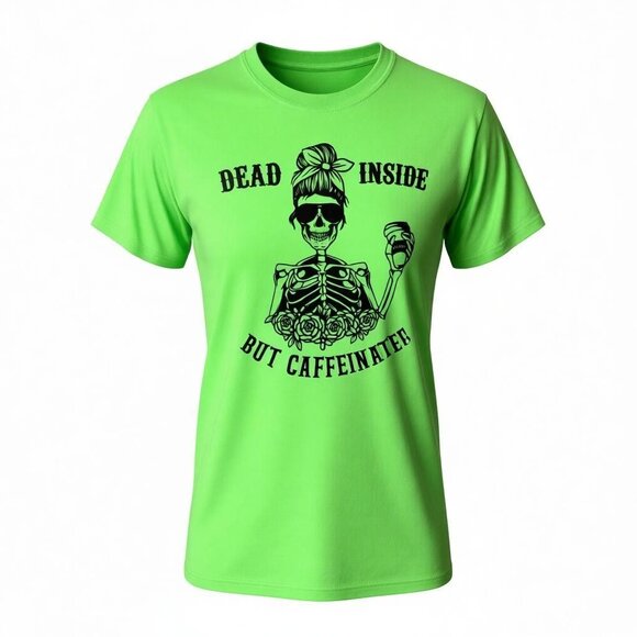 Gildan Womens Dead Inside But Caffeinated Graphic Short Sleeve Tee Green Small - Picture 5 of 8